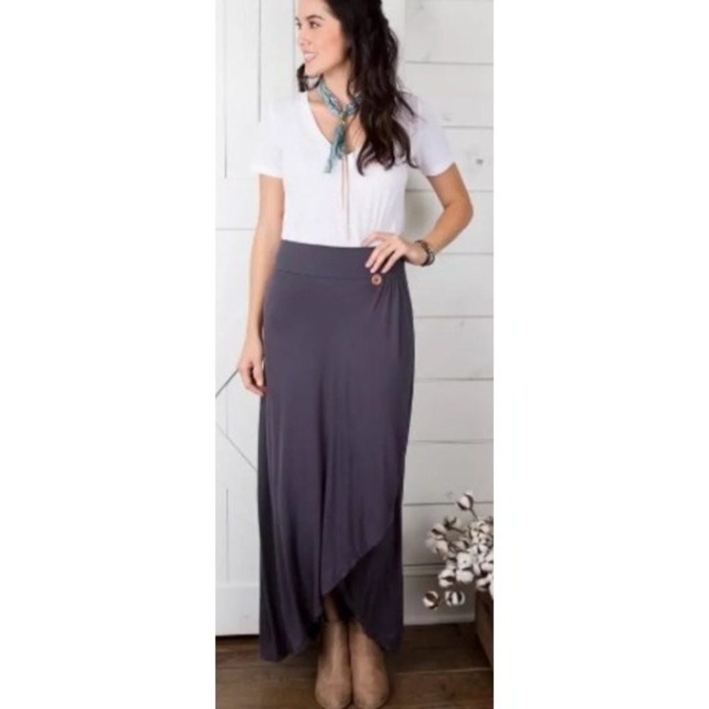 Matilda Jane JoAnna Gaines Charcoal Gray Faux Wrap Maxi Skirt Wood Button Medium